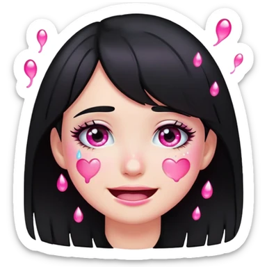 black hair girl crying with pink glitter tears, smiling, emoji style sticker