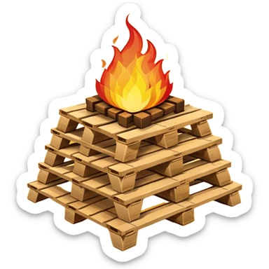 emoji-style pallet bonfire, stacked pallets with fire, cheerful, bold colors, simplified design sticker