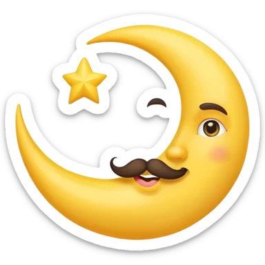 crescent moon with a funny mustache and cute smiling face sticker