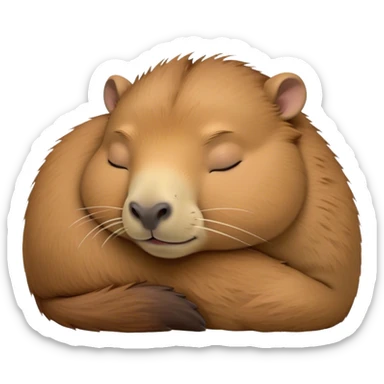 Meme-Worthy Cute Sleeping Capybara Portrait Emoji, Head resting peacefully with a contented smile, showcasing luxuriously soft, fluffy fur and a characteristic capybara head with a broad snout and small, gentle ears, with eyes gently closed in serene slumber, Simplified yet hilariously adorable features, highly detailed, glowing with a soft, drowsy natural light, high shine, relaxed and utterly lovable, stylized with an air of playful laziness, bright and heartwarming, soft glowing outline, capturing the essence of a sleeping capybara that feels destined to become the next viral sensation of adorable rest! sticker