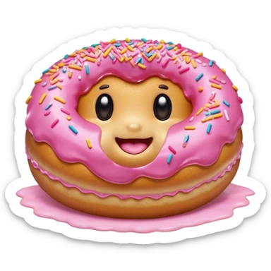 Cinematic tiny happy donut, round and fluffy, golden brown with pink icing and sprinkles, tiny adorable face with blushing cheeks, warm glowing background. sticker