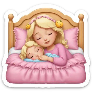 a blonde girl sleeping in a frilly baby pink bed, eyes closed, emoji-like simplicity and clarity, apple emoji style sticker