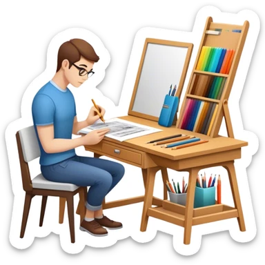 Icon for Furniture Design: a workspace with a designer sketching a piece of furniture, surrounded by design tools like a ruler, pencil, fabric swatches, and a 3D model of the furniture. The icon should represent the design process and creativity in furniture making. Transparent background. sticker