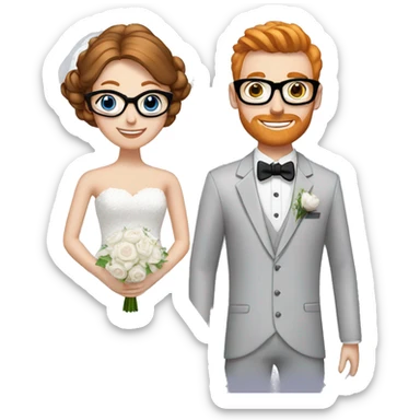 A bride and groom. Bride has brown hair in a bun, blue eyes, wears a lace dress. Groom has ginger hair, wears black glasses sticker