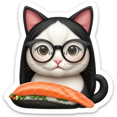 cute girl cat with long straight hair and really big square glasses with super thin frames eating sushi sticker