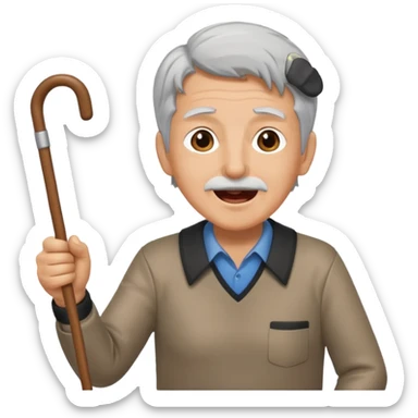 A grey-haired fan with cane in hand, cheering loudly with youthful spirit. sticker