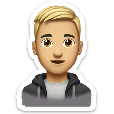 a forward-styled haircut with shaved sides, thick eyebrows, an average nose, and black eyes. teenager 15 years old sticker