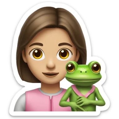 a girl who lives in brixton with medium length brown hair, with a pink streak through it, who is standing with a frog on her shoulder sticker