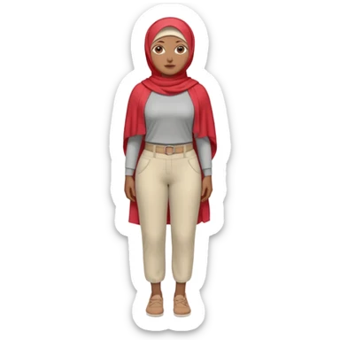Heavy-set woman with medium-brown skin wearing a light red hijab, cream top, light red pants, tan shoes, and a visible gray below-knee prosthetic leg. Standing confidently with one hand on her hip sticker
