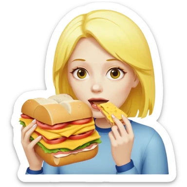 A woman with yellow hair and yellow skin eating a HUGE sandwich sticker