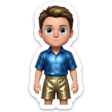 Martin Kratt with blue eyes, dark blonde hair, periwinkle blue metallic shirt, khaki metallic baggy shorts sticker