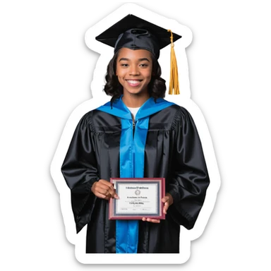 successful graduate student, cap and gown, holding diploma, smiling sticker