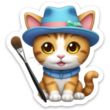 Kawaii cat artist in hat with palette and brush so it can be used as a mouse cursor sticker