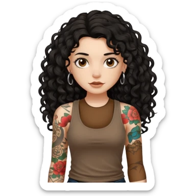 a pretty bratz fair girl with black long curly hair in a brown tank top with tattoos sticker