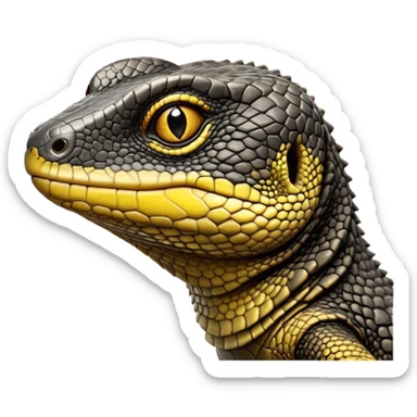 cinematic-realistic-cute-monitor-lizard-portrait-emoji,-head-tilted-playfully-and-inquisitively,-featuring-a-compact,-agile-body-with-finely-detailed,-glossy-scales-in-earthy-black and yellow-hues-and-a-distinct,-alert-face-with-bright,-curious-eyes, black , yellow spotted and green band  scales and a big long neck sticker