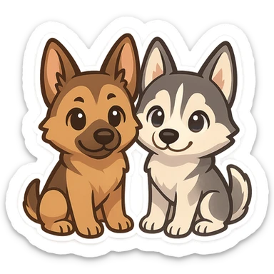 chibi sticker of two dogs, one German Shepherd and one Husky, sitting together, inspired by the reference photo sticker