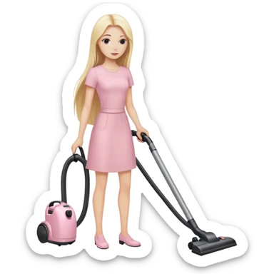 A white girl with long blonde straight hair in pale pink-colored clothes vacuums sticker