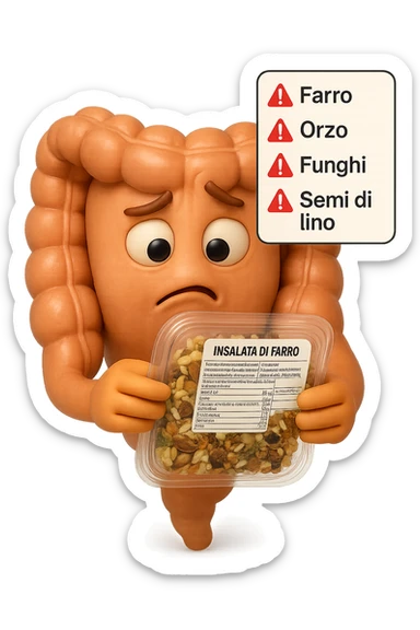SU QUESTO STILE FAI UN EMOJI STILE IPHONE 3D DI UN INTESTINO CHE HA IN MANO UN insalata di farro mista CONFEZIONATa DA SUPERMERCATO E LEGGE L'ETICHETTA NUTRIZIONALE CON GLI INGREDIENTI IN ITALIANO, ACCANTO ALL'insalata CHE HA IN MANO C'è UN FOCUS SULL'ETICHETTA CON GLI INGREDIENTI SCRITTI, "Farro, orzo, funghi, semi di lino" accanto ad ogni nome scritto mettici un segnale di allarme, FAGLI UN ESPRESSIONE CONFUSA MENTRE LEGGE E FALLO MOLTO REALISTICO IN 3D sticker