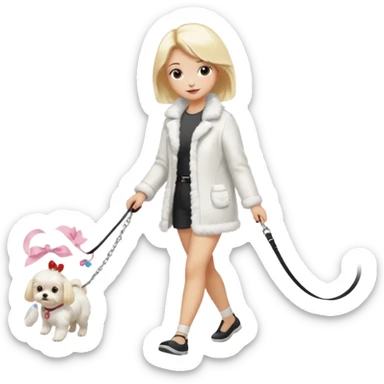 blonde woman, walking a small maltese dog. sticker