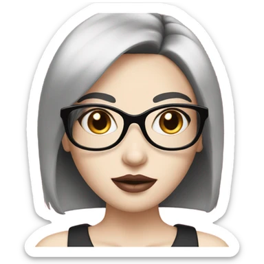 a girl with medium wolfcut black hair pale skin with pink lips, with round pink glasses sticker