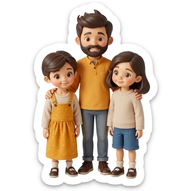 closeup front angle shot of a family of three with parent and two kids, lifelike skin hair and clothing details, skeuomorphism style sticker