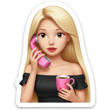 exaggerated features of woman with straight long blond hair, gossiping on a pink analogue phone, holding a tea cup, wearing an off-shoulder black top, red face sticker