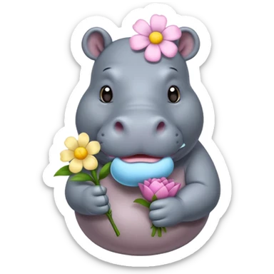 hippo holding flower sticker
