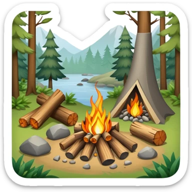bushcraft campfire with stones, logs for sitting, in forest setting sticker