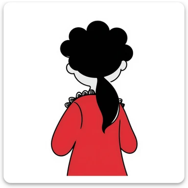 Girl from behind, wearing a red pajama with black and white lace, with curly black hair sticker