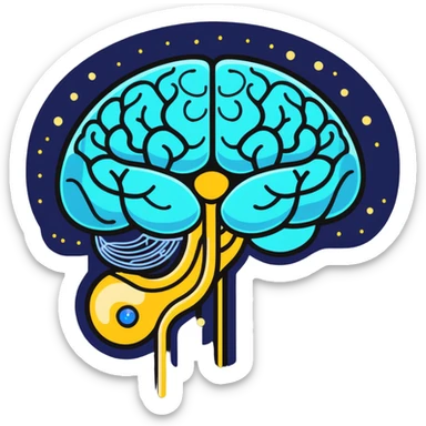 Cute sticker of a pearly blue capsule floating before a stylized brain with golden sparks forming a neural network pattern. A small liver icon glows nearby, all within a gentle swirling aura representing mental clarity and body connection sticker