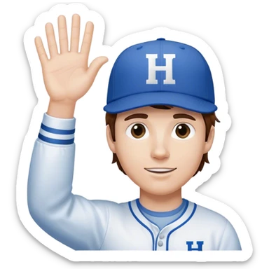White Man with mid-length brown hair wearing blue baseball hat with the letter H on it. Hand waving. He is wearing a white oxford shirt.  sticker
