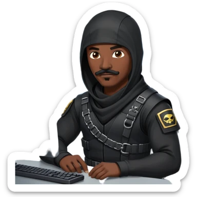 african-american mustache mercenary black asymmetrical ninja hacker terminal command center sticker