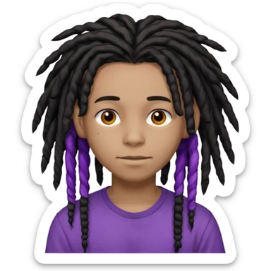 light black teen with black dreads in a middle part with brown eyes and purple shirt sticker