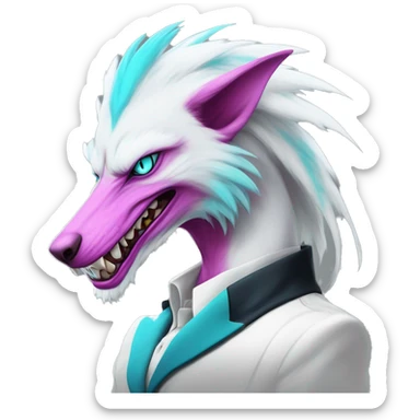 White elegant beautiful natural cute badass epic anthro modern albino sergal-vernid-Fakémon with cyan mane and magenta eyes with cyan edgy stripes, anthropomorphic, two-legged, digitigrade, full body sticker