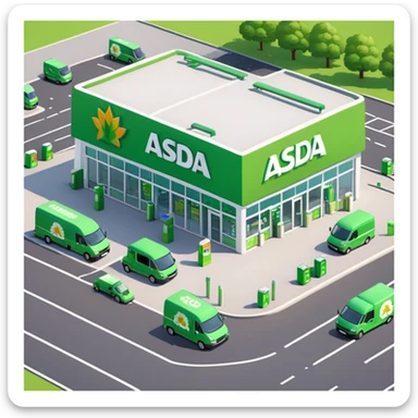 Isometric ASDA store with green logo, petrol station, large parking area, and delivery vans sticker