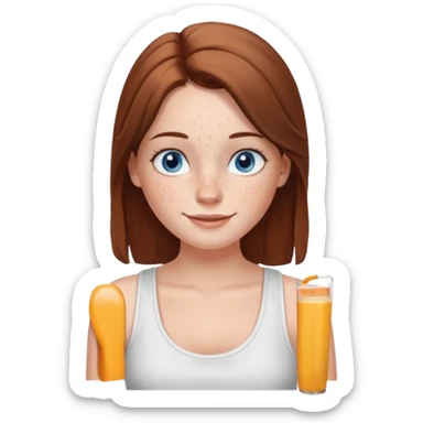 Una chica de tez blanca con pecas, nariz respingada, labios gruesos, ojos grandes color azul grisáceo, pelo largo, lacio, color castaño. Con una blusa de tirantes blanca. Que este sonriendo y q solo se vea de la cintura hacía arriba sticker
