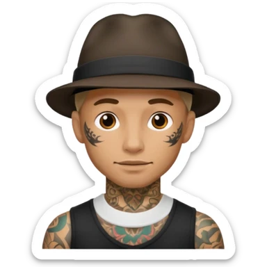 tattooed male with a hat sticker