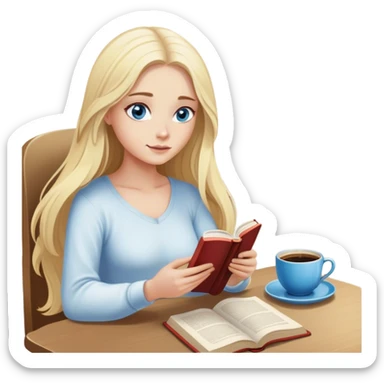 Cinematic realistic blonde with long hair and blue eyes, sitting reading a book, coffee is on the table next to her sticker