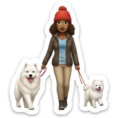 full body view of brunette female with light skin tone with knit hat walking a samoyed on a leash sticker
