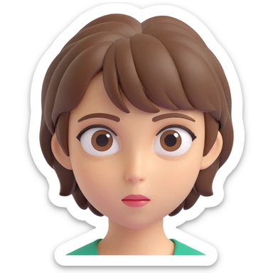 apple-style 3D emoji of a young person with short tousled brown hair, smooth skin, big expressive eyes, neutral expression, soft shadows, glossy plastic texture, bright pastel colors, fun cartoonish look, head centered, neutral background sticker