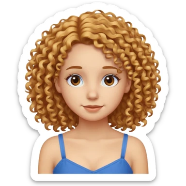 girl with curly golden hair, brown eyes, blue camisole dress, friendly expression sticker