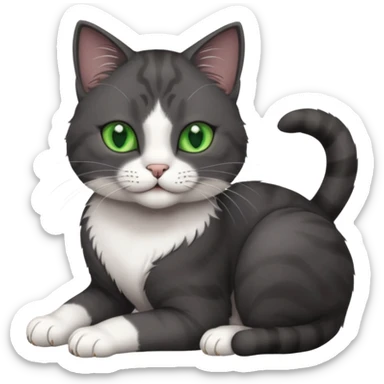 beautiful female solid dark grey cat with green eyes, white toes/paws and white patch on her chest rolling over sticker