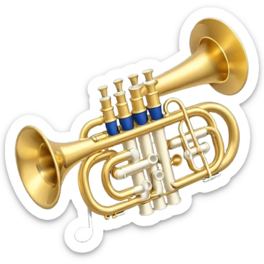 “Flat vector icon of a golden side-view trumpet with mouthpiece, bell, and three valves, thick outline, centered on a deep navy blue rounded-square (or circle); from the bell, 2–3 small white or light-blue music notes with dark outline emerge.  sticker