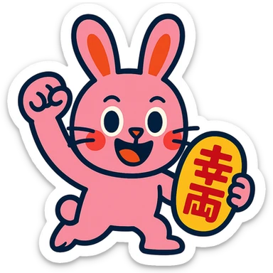 pink bunny holding lucky charm and pumping fist, vibrant-toon style sticker