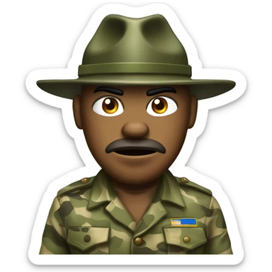 drill sergeant character wearing a classic sergeant hat and a camouflage army shirt. The character should have an angry intense expression. full torso sticker