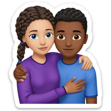 Boyfriend who is middle Easterntan olive skinned with blue eyes and wavy straight brown hair in a blue shirt and his African girlfriend who is very black skinned, juicy lipped with black braided hair and the two are hugging and smiling hugely she’s wearing purple and she has black eyes sticker
