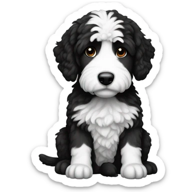 sitting down Bernadoodle black with white near mouth sticker