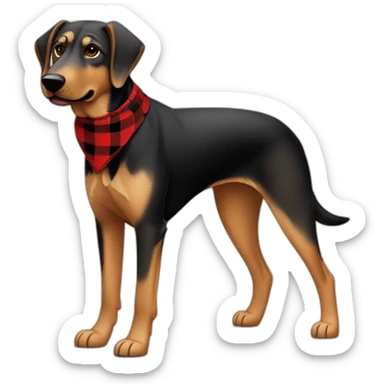 adult 75% Coonhound 25% German Shepherd mix dog with visible tail wearing small pointed red buffalo plaid bandana full body walking left quickly sticker