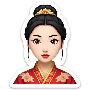 Cinematic Realistic Majestic Mulan Portrait, featuring finely rendered light skin with natural luminescence and expressive, determined eyes. Her black hair is styled with care into an elegant bun, and every fold of her traditional robe—adorned with subtle red motifs and refined gold trim—is depicted with intricate fabric detail. The scene is bathed in soft, natural light that enhances the depth and authenticity of the image, conveying a noble and serene aura that embodies timeless elegance and inner fortitude. sticker