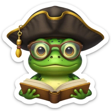 frog wearing pirate hat with glasses and yellow book sticker